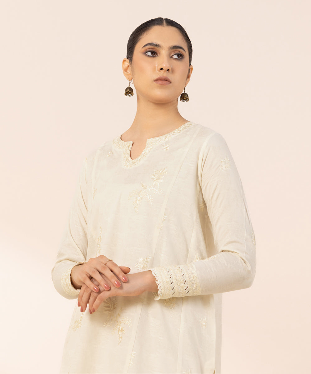 Women's Pret Cotton Jacquard Off White Solid Embroidered A-Line Shirt