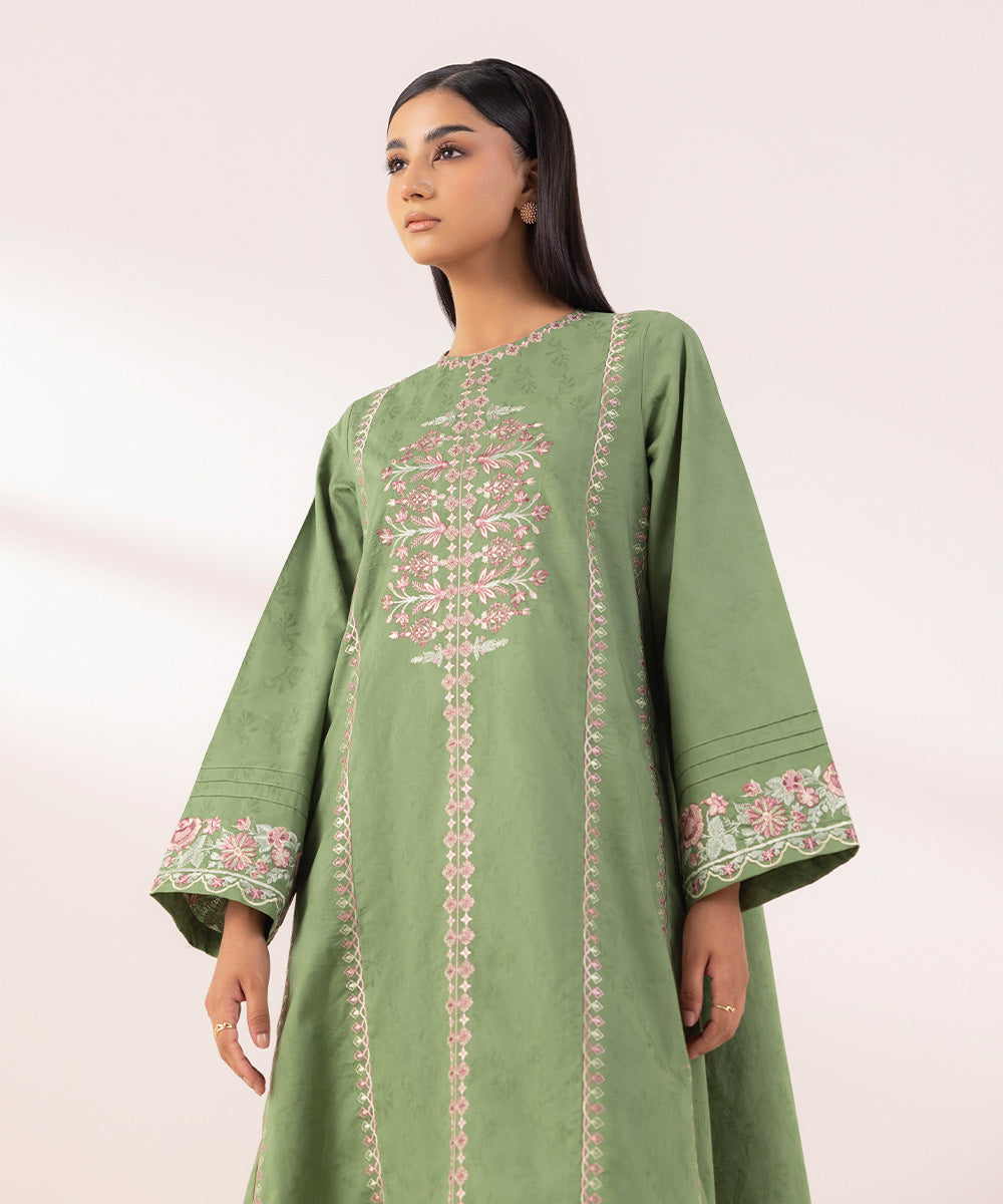 Women's Pret Cotton Jacquard Embroidered Green A-Line Shirt