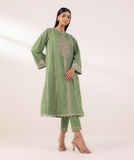 Women's Pret Cotton Jacquard Embroidered Green A-Line Shirt