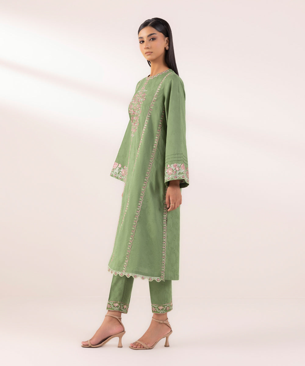 Women's Pret Cotton Jacquard Embroidered Green A-Line Shirt