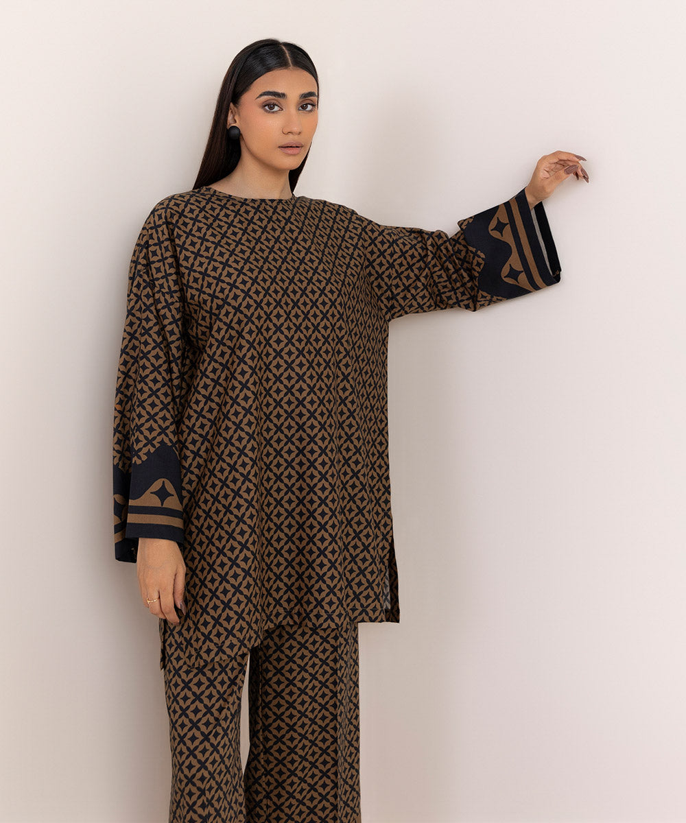 Women's Pret Cotton Embroidered Brown Boxy Shirt