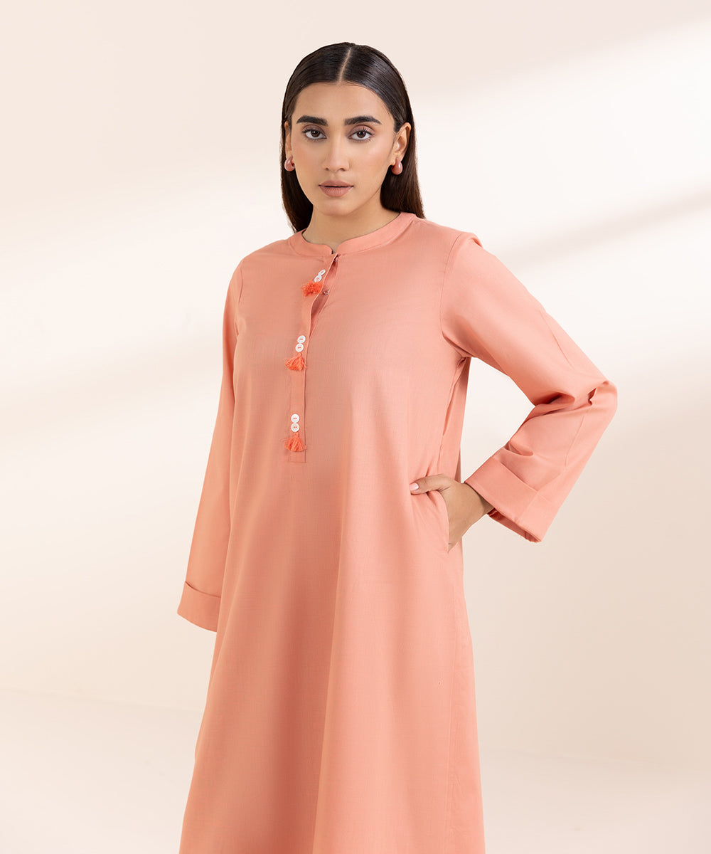 Women's Pret Textured Cotton Pink Solid Straight Shirt