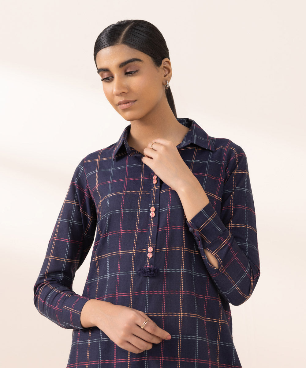 Women's Pret Yarn Dyed Solid Blue A-Line Shirt