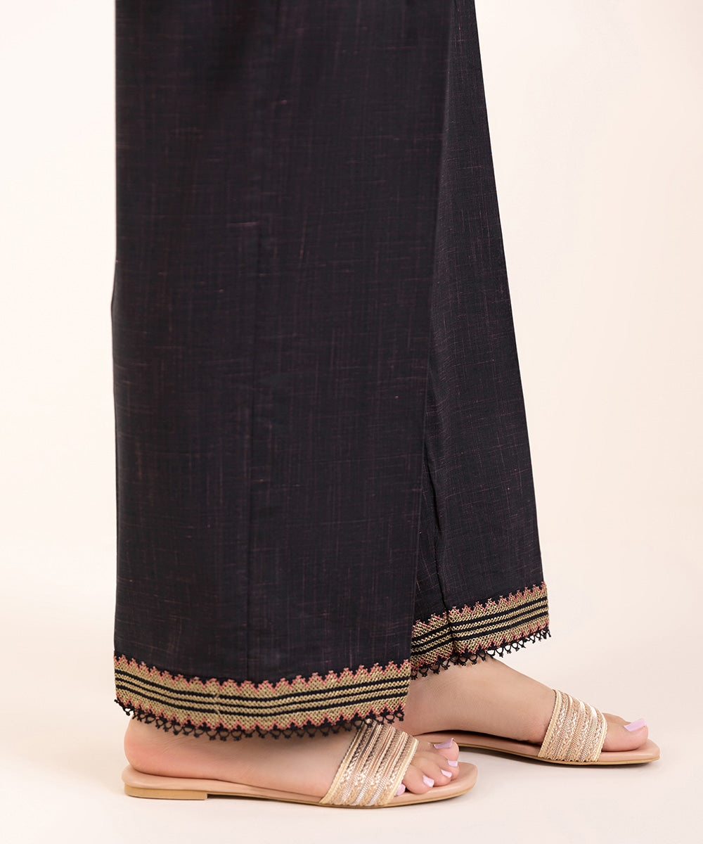 Women's Pret Textured Cotton Black Embroidered Straight Pants