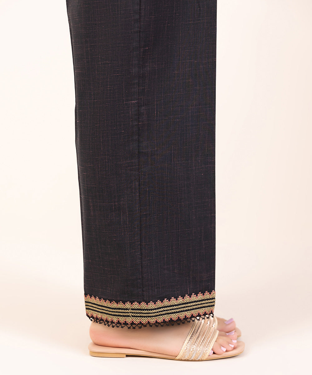 Women's Pret Textured Cotton Black Embroidered Straight Pants