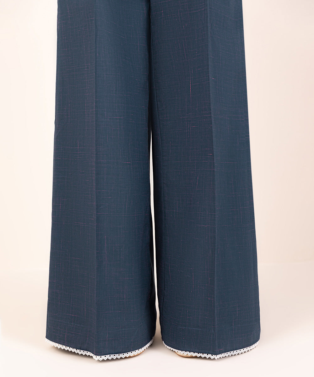 Women's Pret Textured Cotton Blue Solid Flared Pants