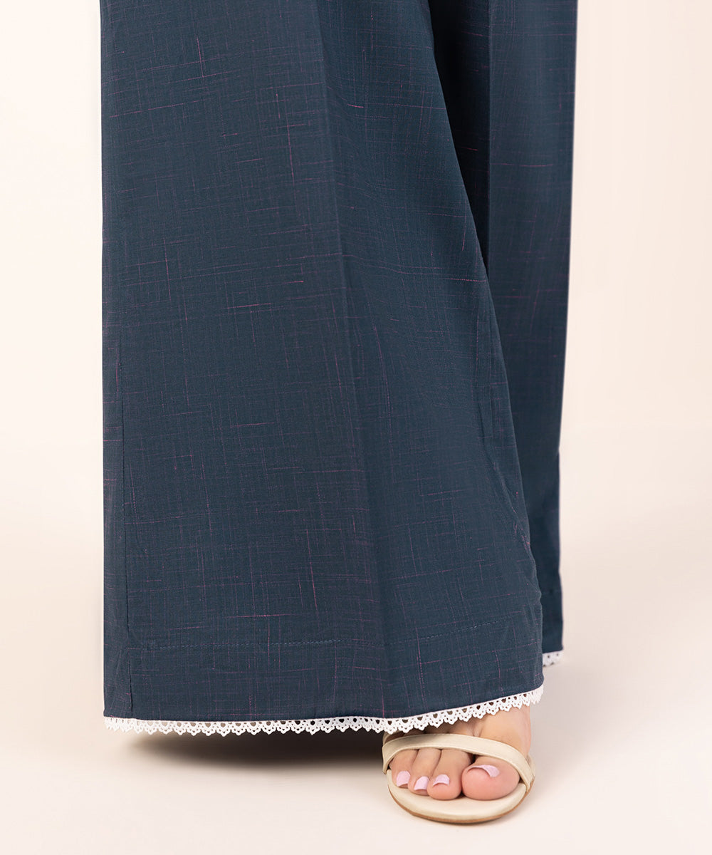 Women's Pret Textured Cotton Blue Solid Flared Pants