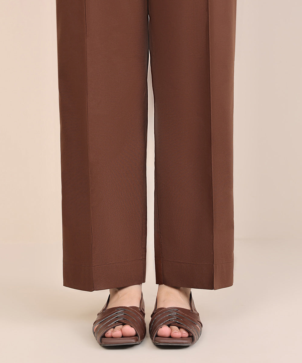 Women's Pret Cambric Brown Solid Straight Pants