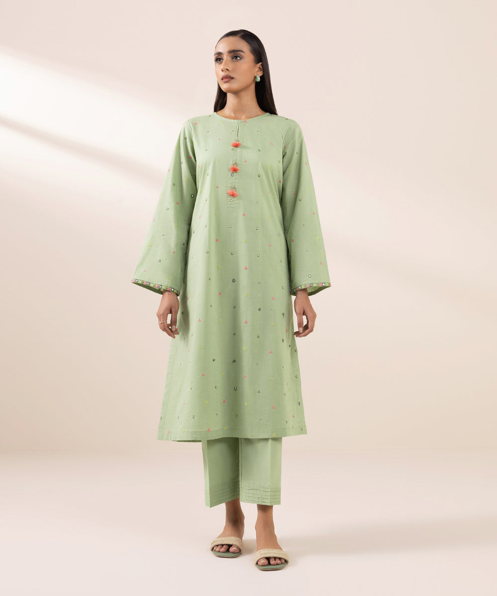 Women's Pret Cross Hatch Green Embroidered A-Line Shirt