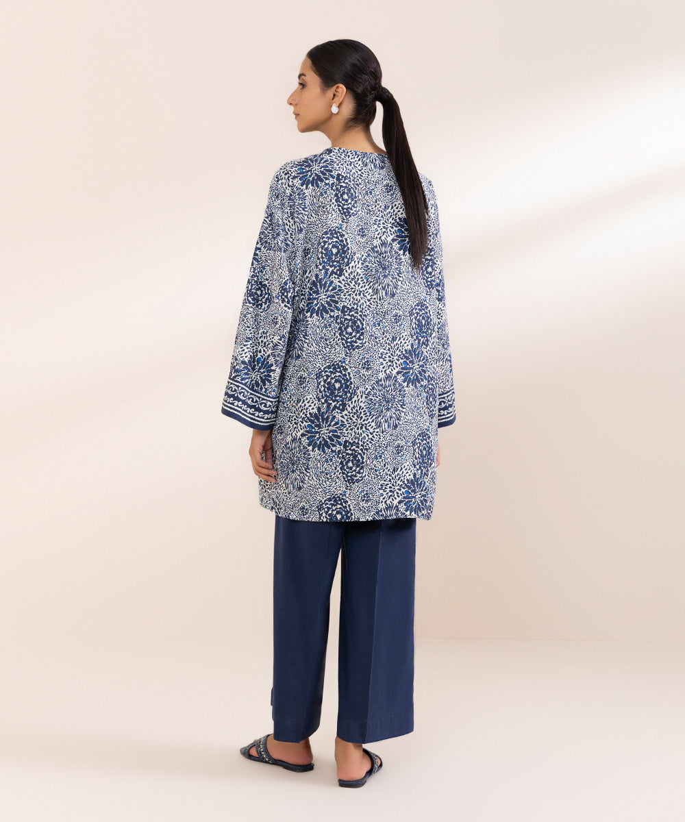 Women's Pret Cotton Viscose Blue Printed Boxy Shirt