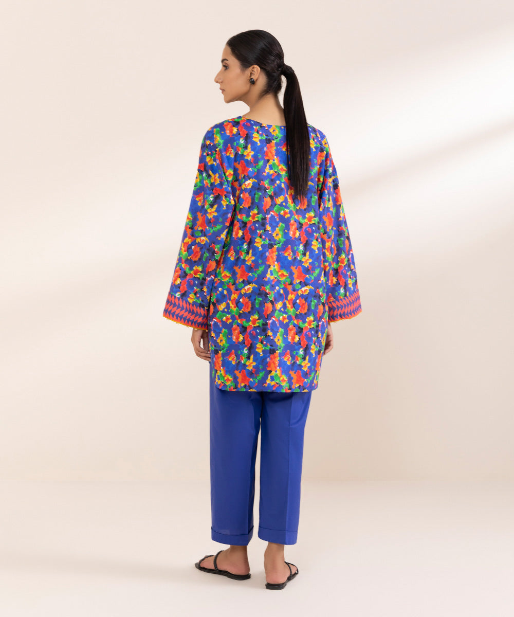 Women's Pret Cotton Viscose Blue Printed Boxy Shirt