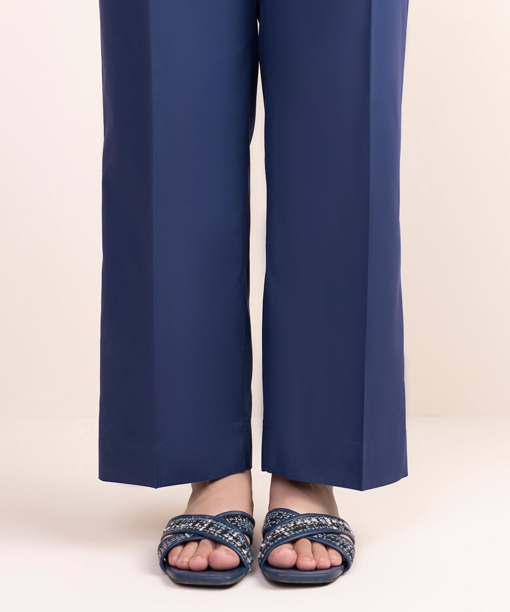 Women's Pret Cambric Blue Solid Straight Pants