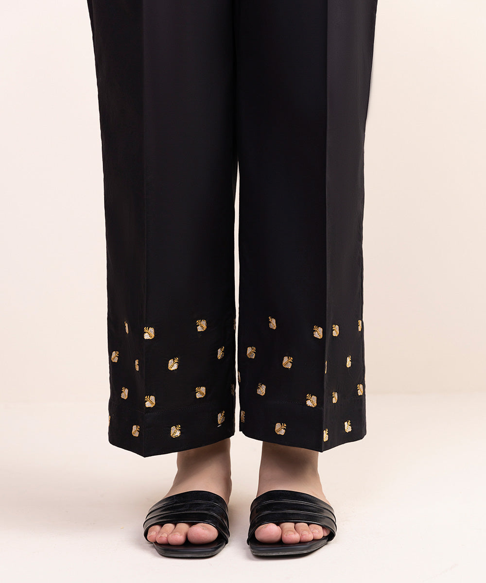 Women's Pret Cambric Black Embroidered Straight Pants