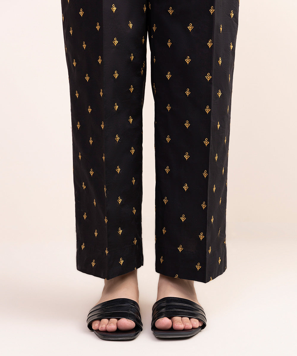 Women's Pret Cambric Black Embroidered Straight Pants