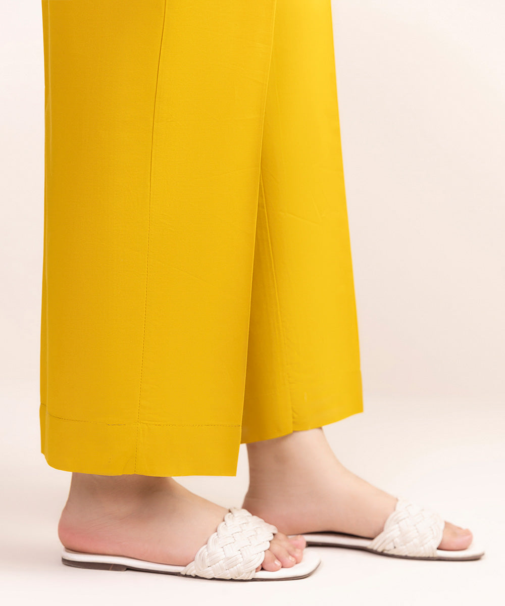 Women's Pret Cambric Yellow Solid Straight Pants