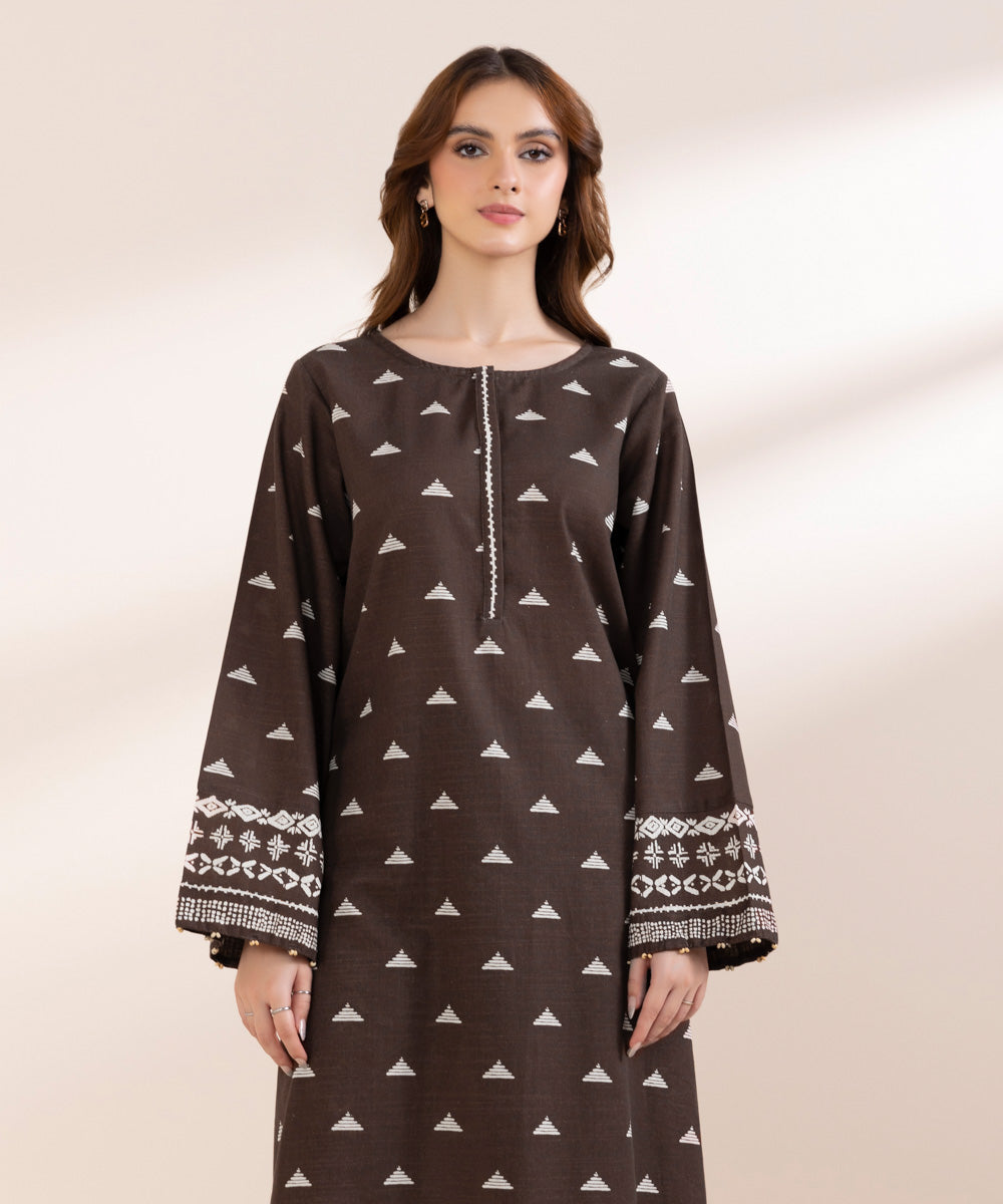 Women's Pret Khaddar Brown Printed A-Line Shirt