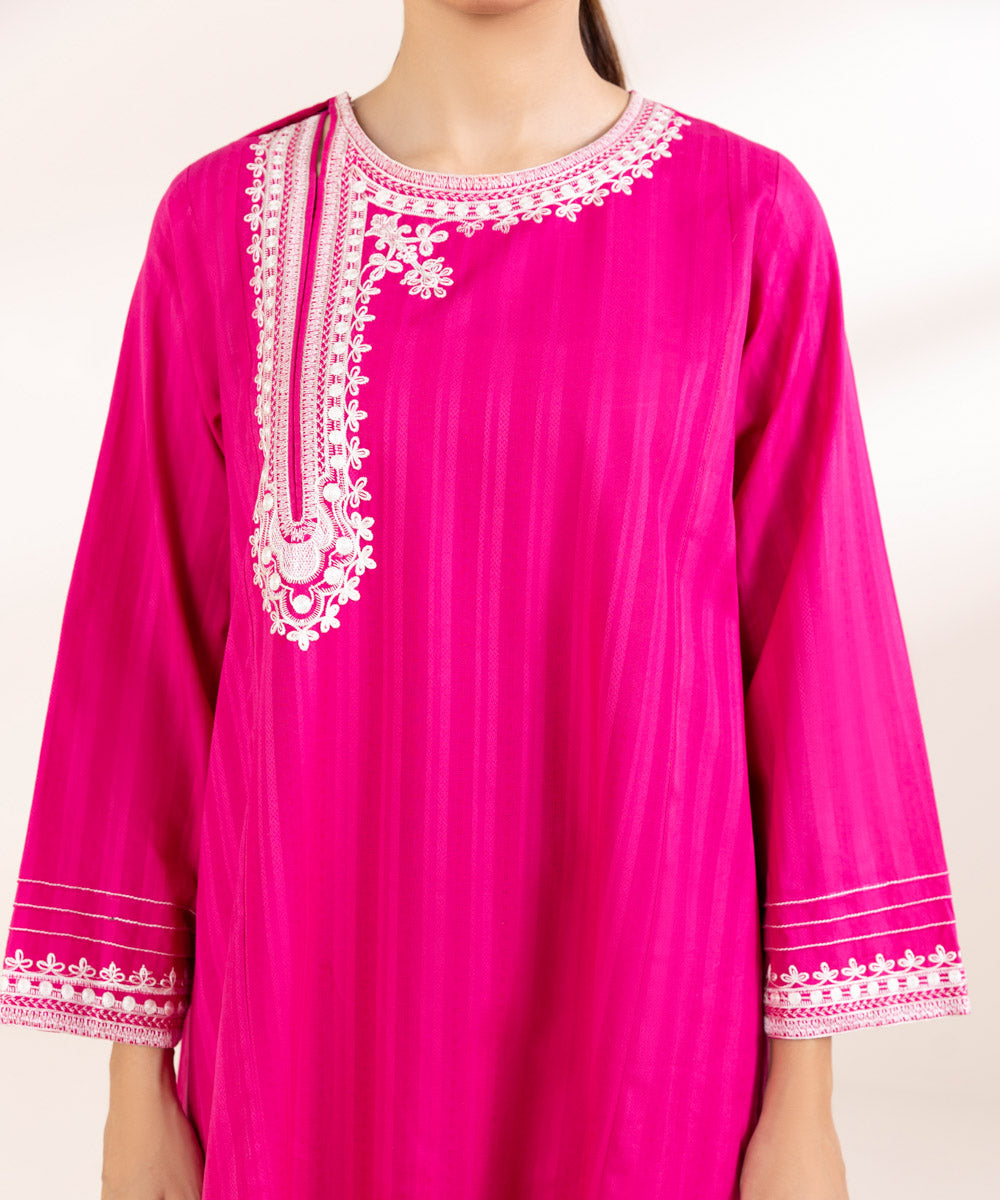 Women's Pret Dobby Pink Embroidered A-Line Shirt