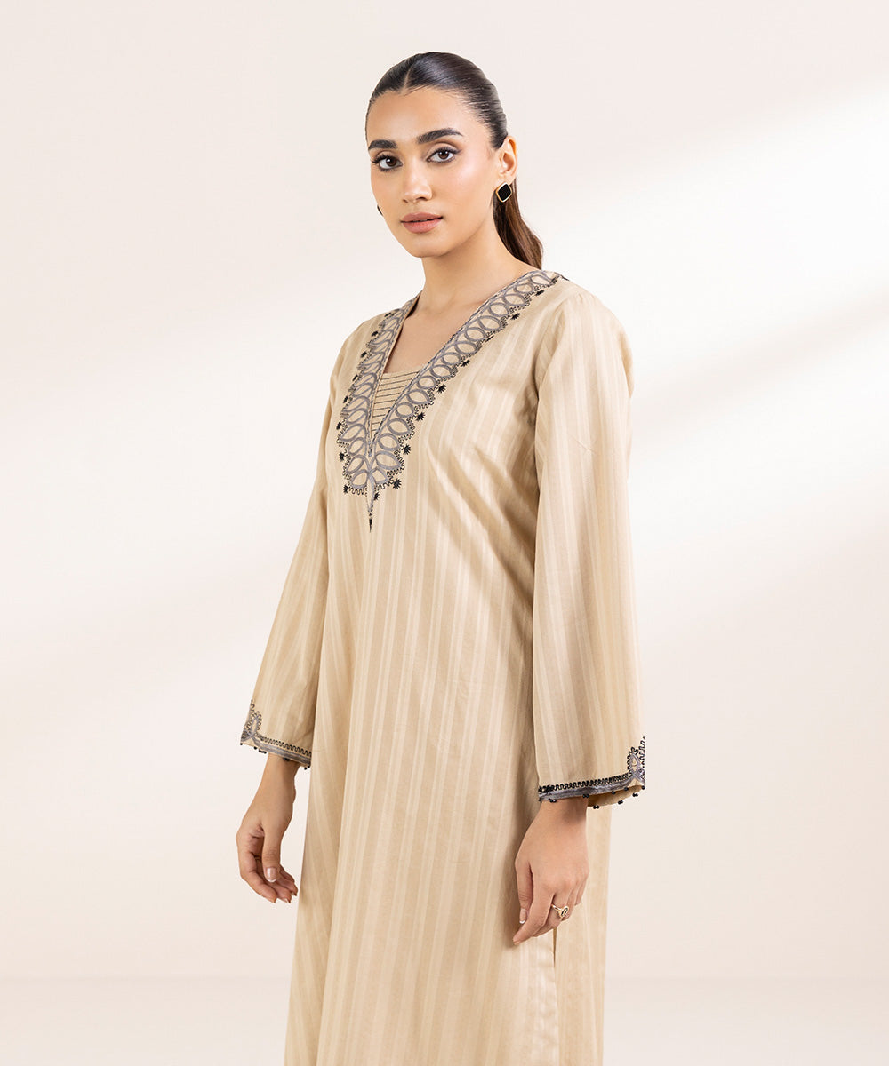 Women's Pret Dobby Beige Embroidered A-Line Shirt