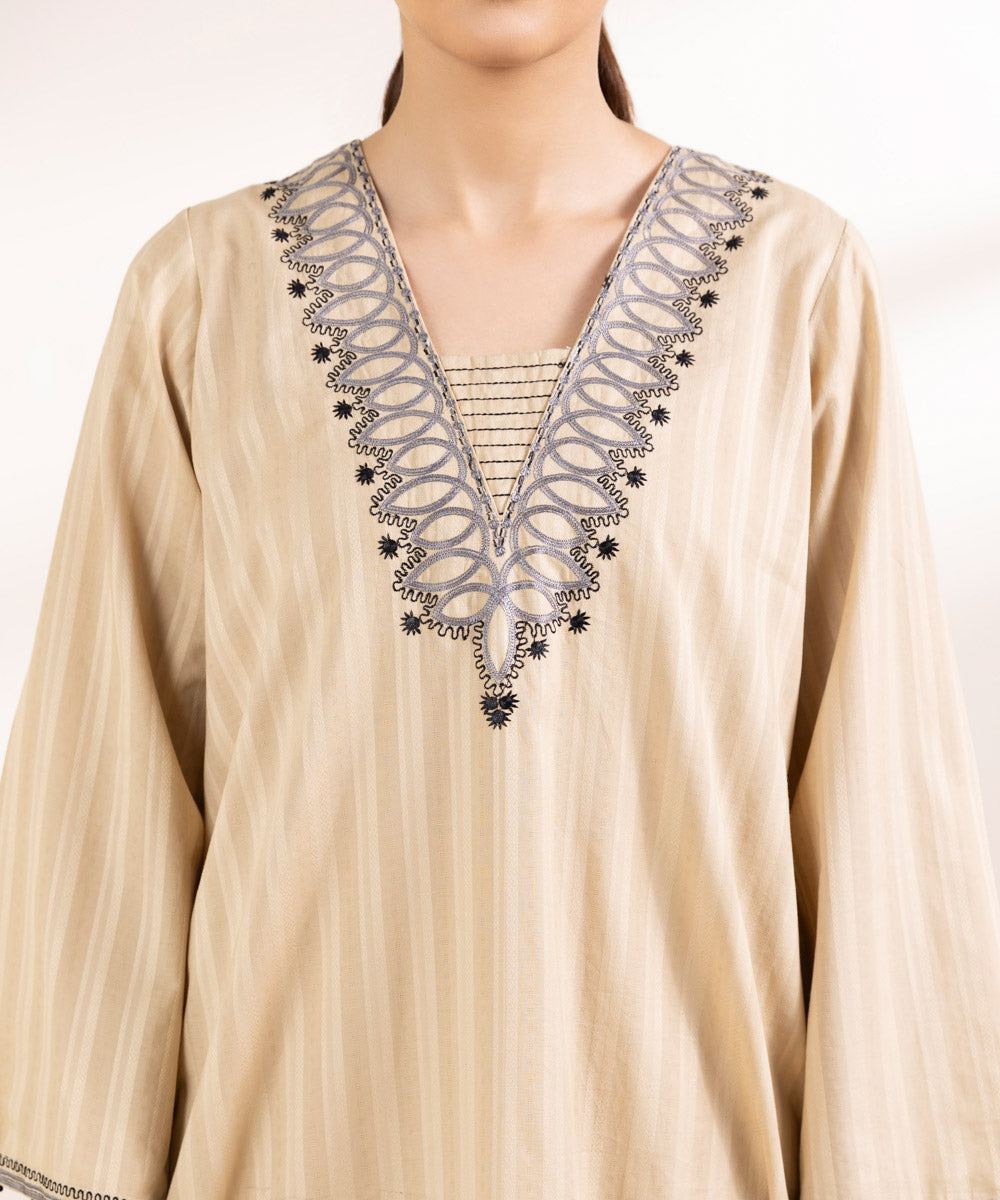 Women's Pret Dobby Beige Embroidered A-Line Shirt