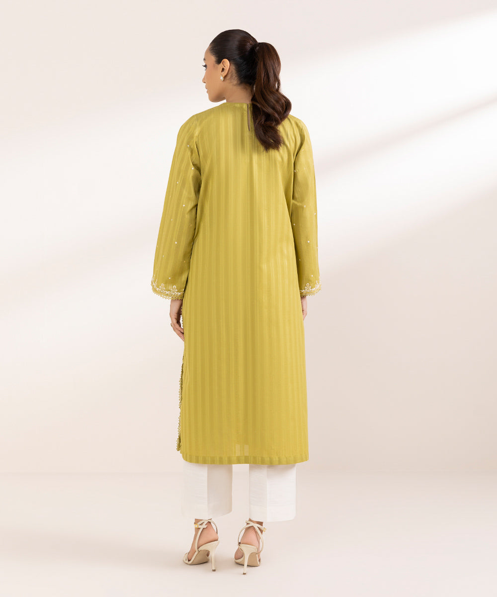 Women's Pret Dobby Yellow Embroidered A-Line Shirt