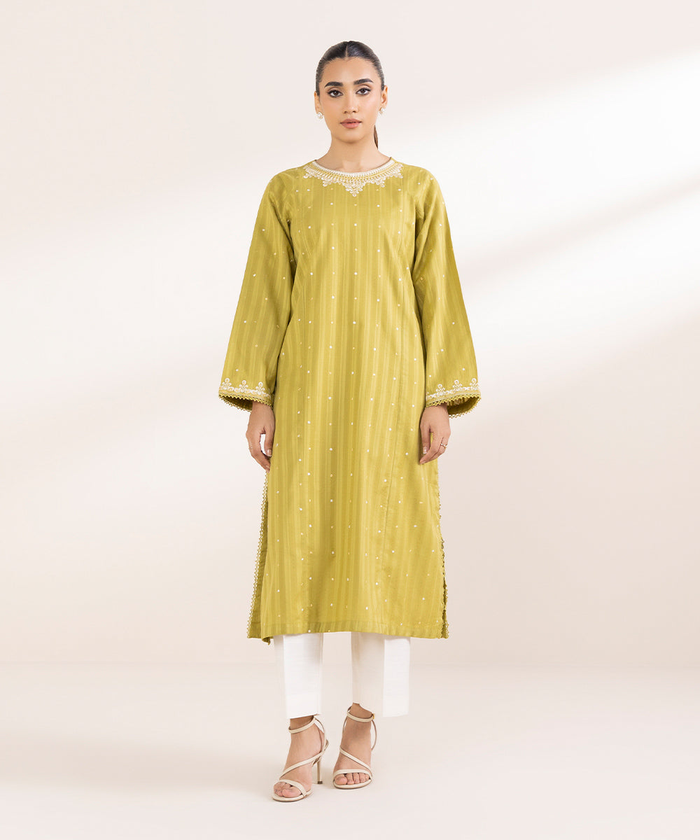 Women's Pret Dobby Yellow Embroidered A-Line Shirt