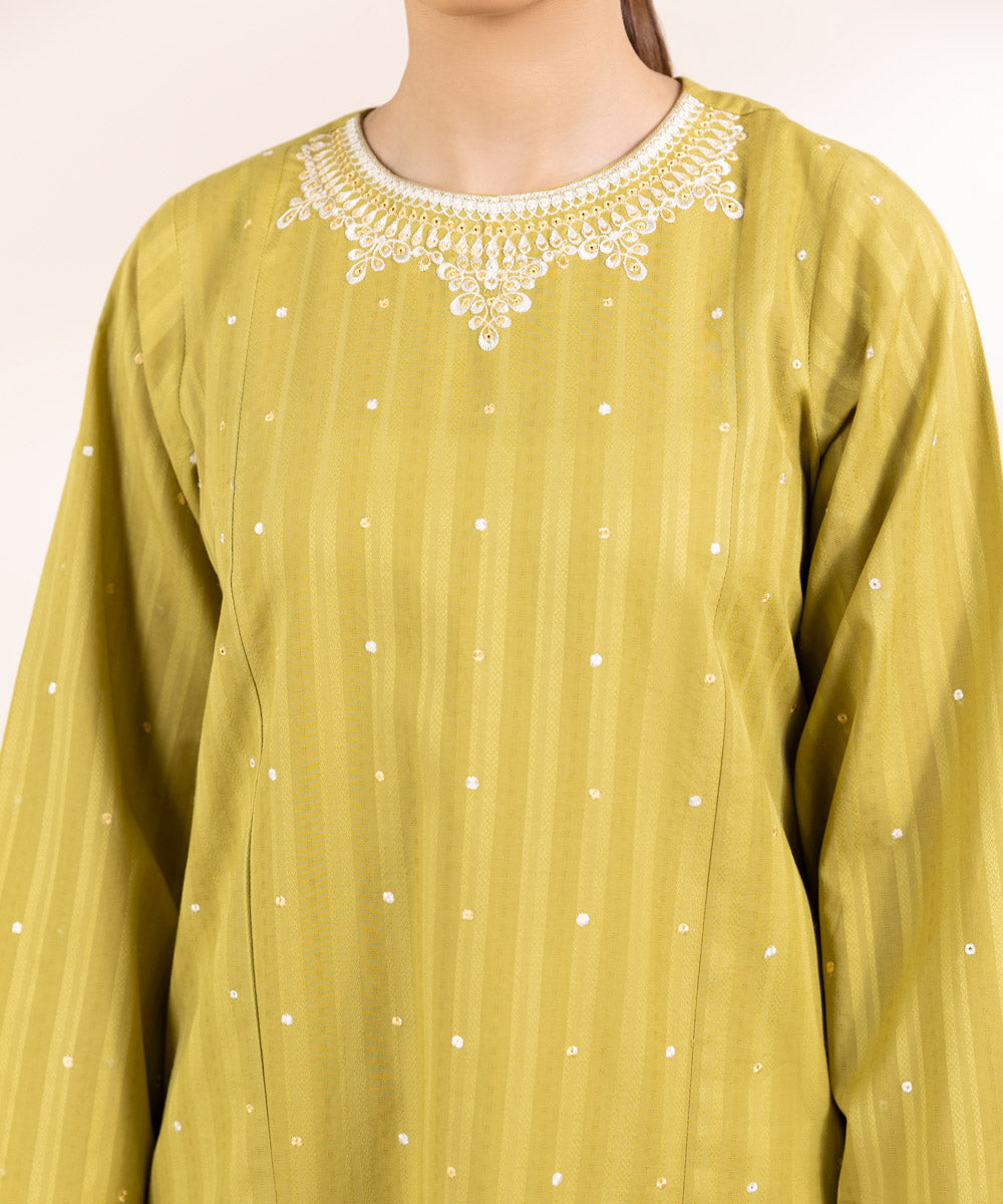 Women's Pret Dobby Yellow Embroidered A-Line Shirt