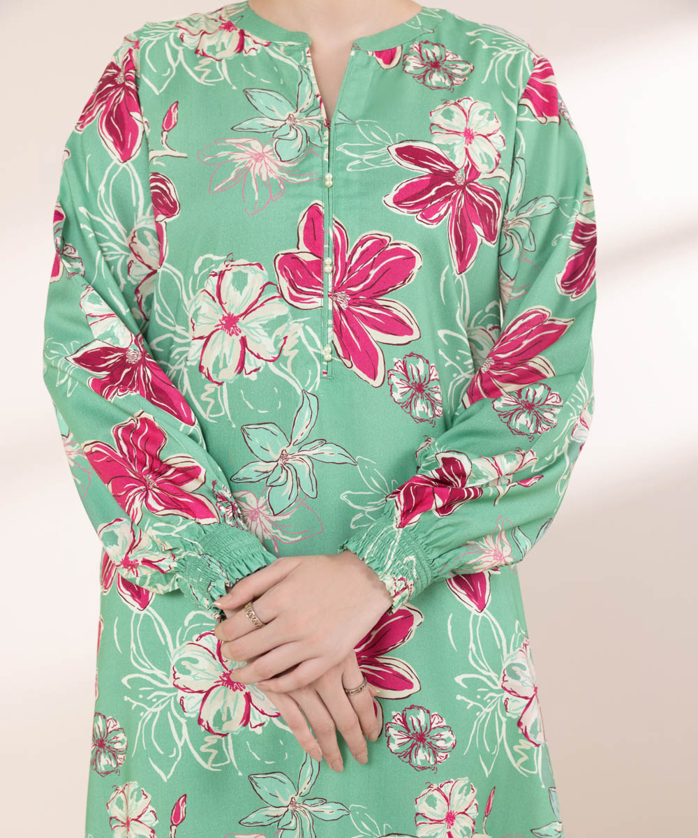 Women's Pret Linen Printed Sea Green A-Line Shirt