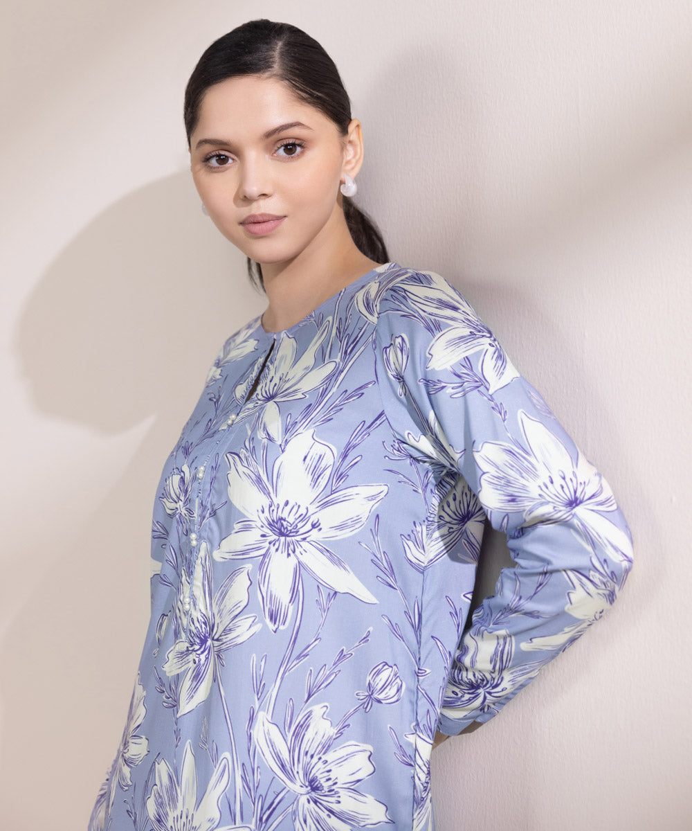 Women's Pret Linen Printed Light Indigo Straight Shirt