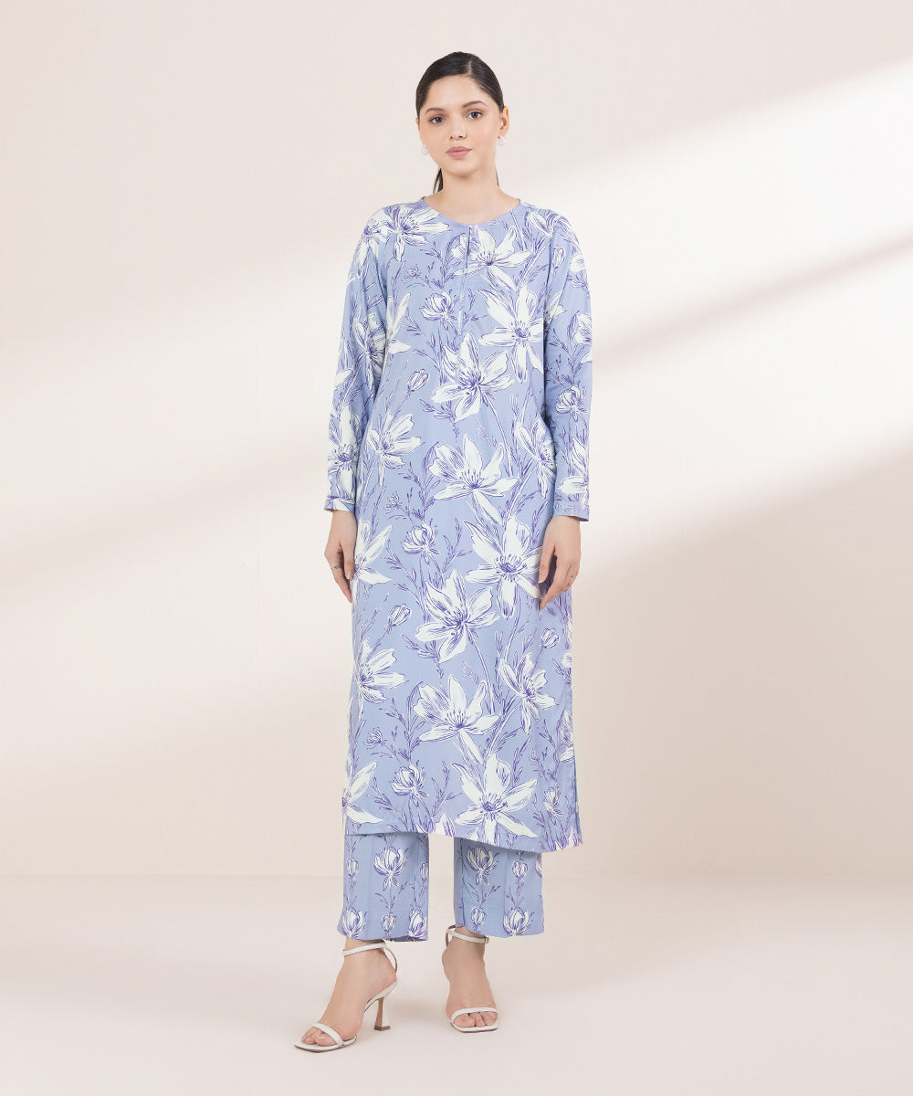 Women's Pret Linen Printed Light Indigo Straight Shirt