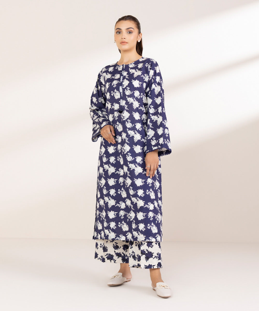 Women's Pret Khaddar Printed Indigo Boxy Shirt