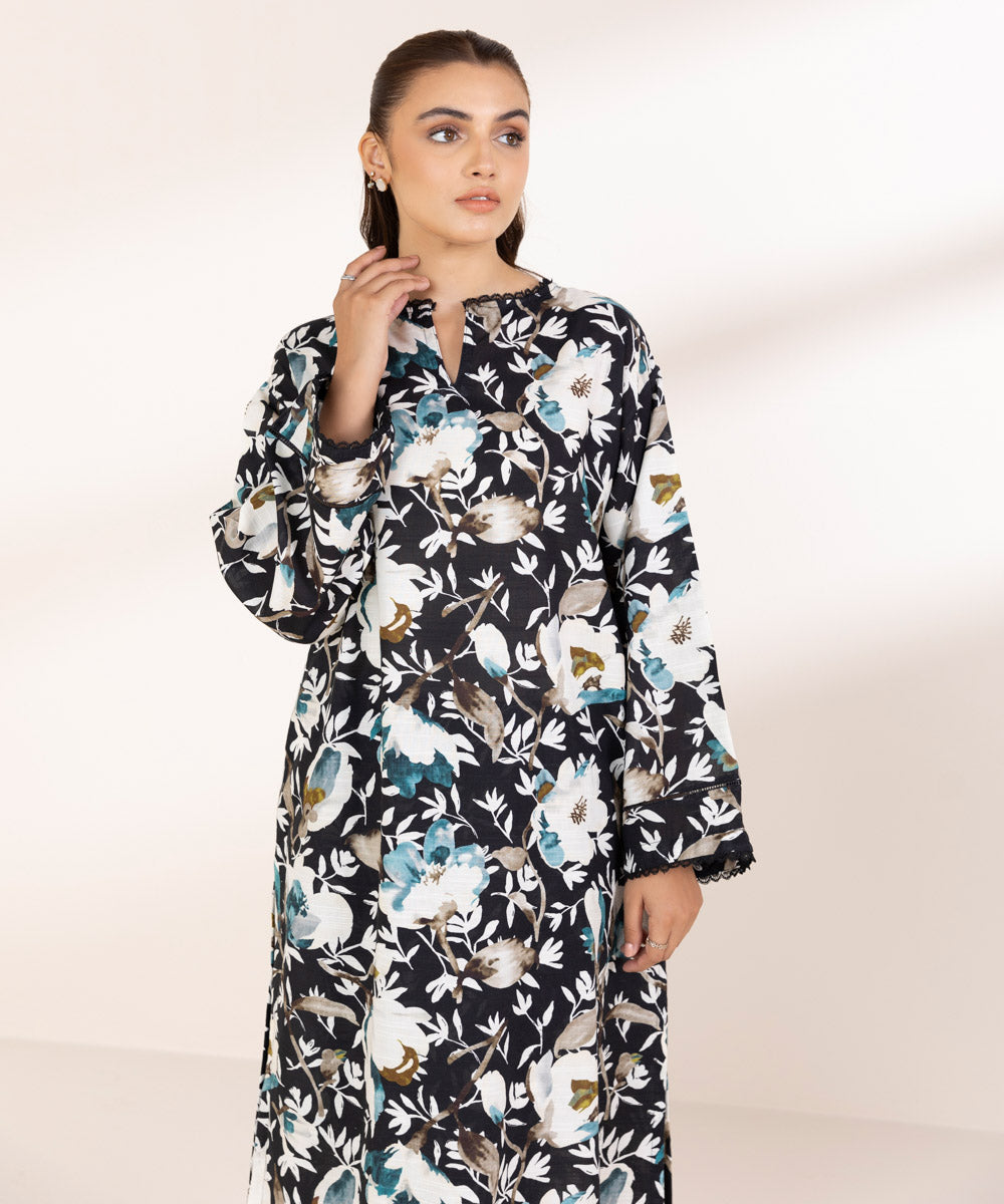 Women's Pret Khaddar Printed Black A-Line Shirt