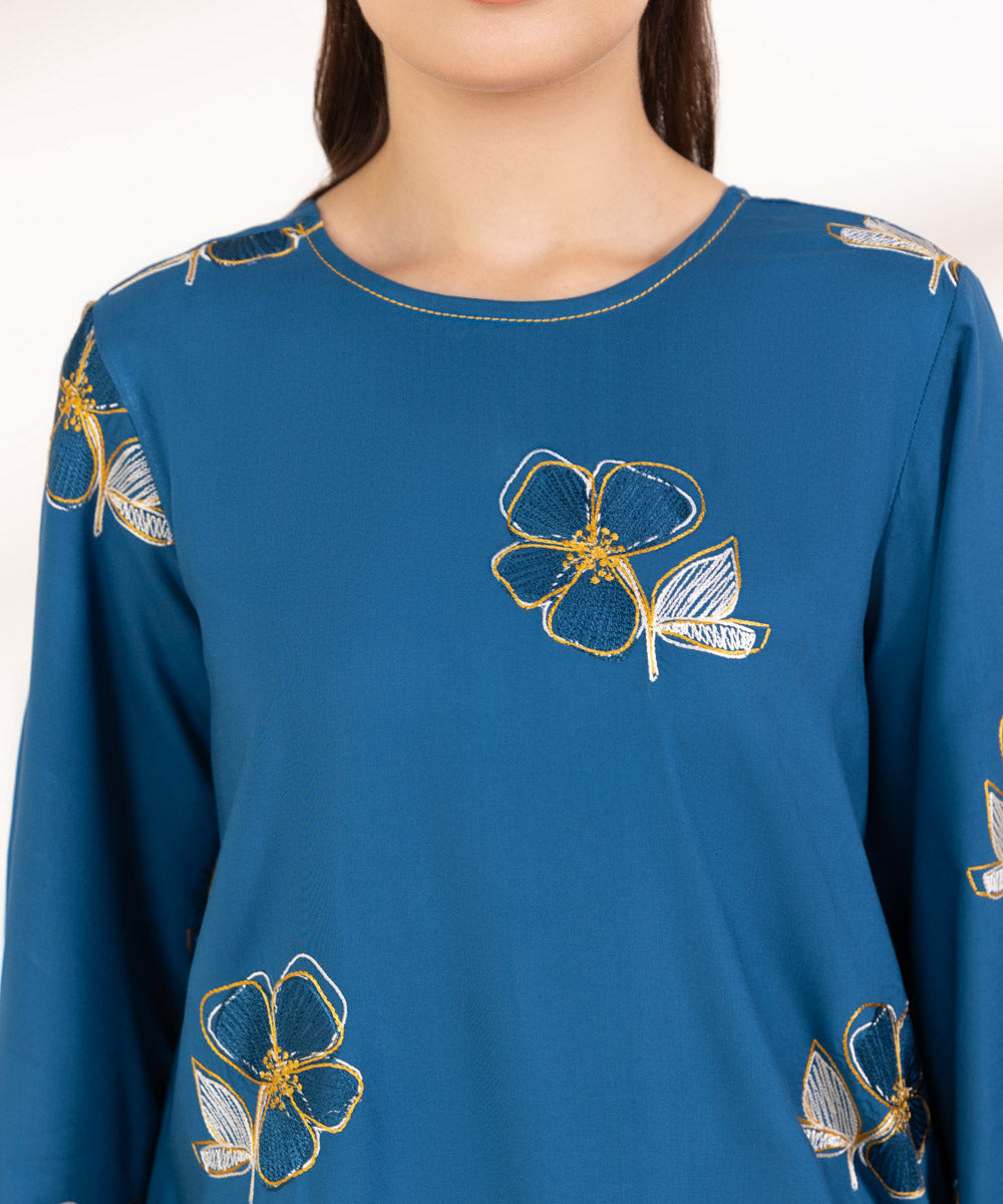 Women's Pret Linen Embroidered Teal Straight Shirt