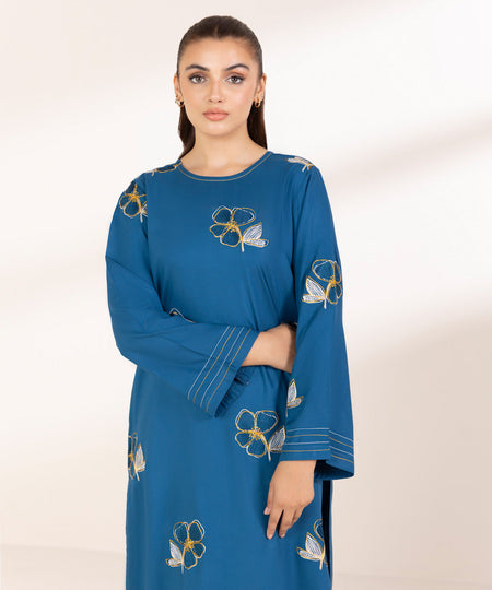 Women's Pret Linen Embroidered Teal Straight Shirt