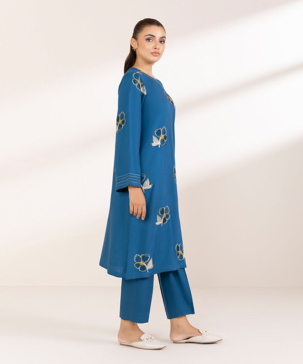 Women's Pret Linen Embroidered Teal Straight Shirt