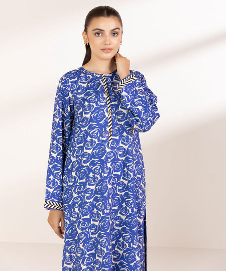 Women's Pret Linen Printed Beige And Blue Straight Shirt