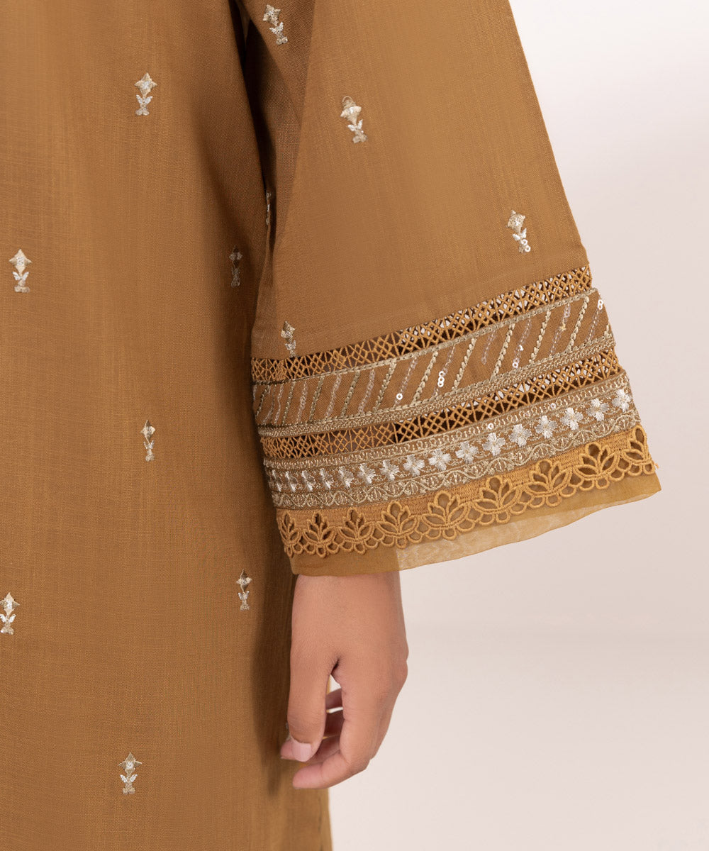 Women's Pret Khaddar Brown Embroidered A-Line Shirt