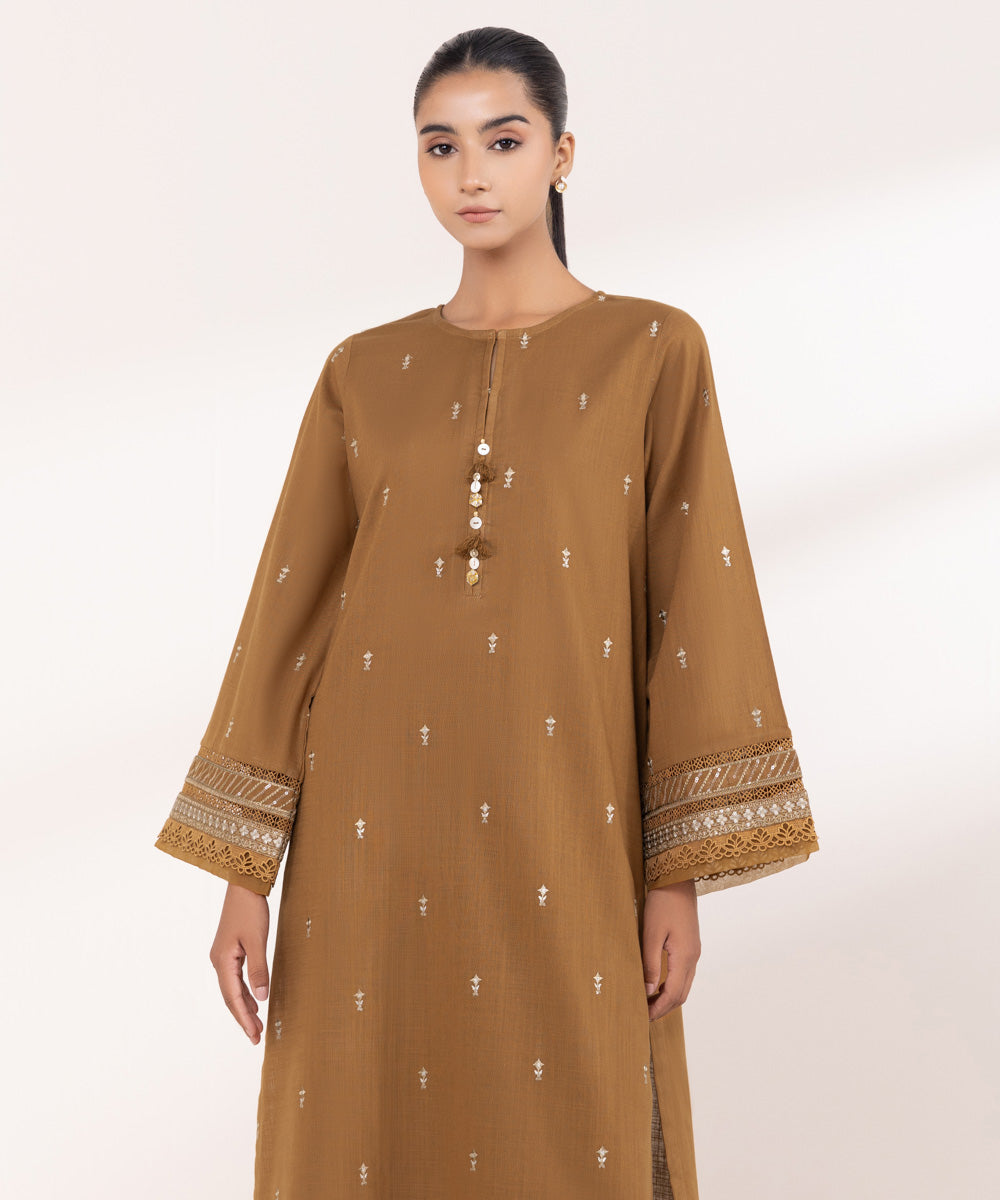 Women's Pret Khaddar Brown Embroidered A-Line Shirt