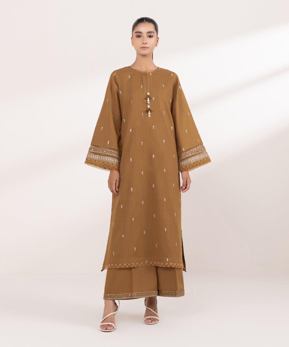 Women's Pret Khaddar Brown Embroidered A-Line Shirt