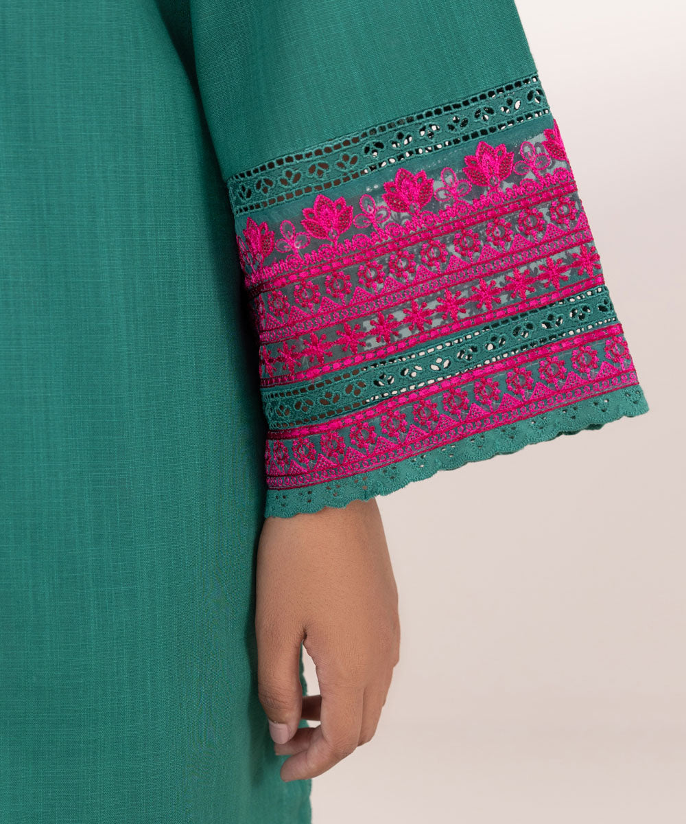 Women's Pret Khaddar Green Embroidered A-Line Shirt