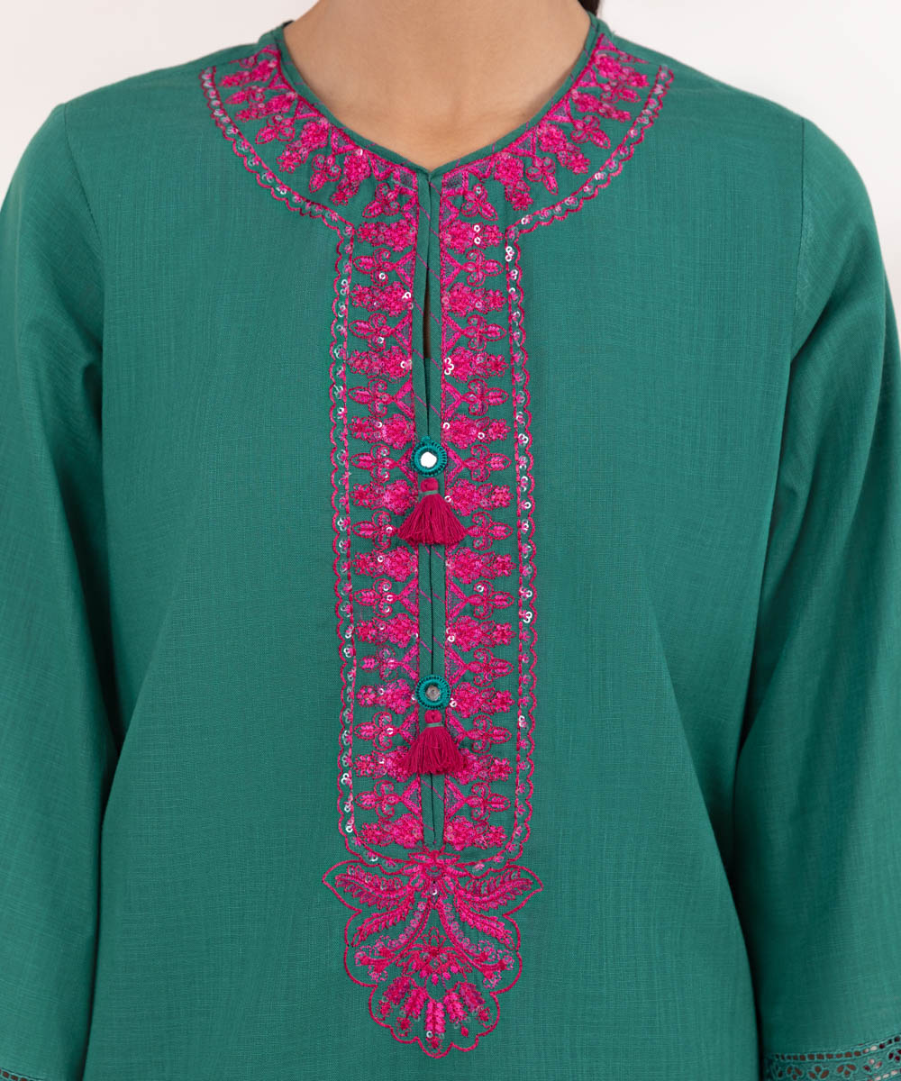 Women's Pret Khaddar Green Embroidered A-Line Shirt