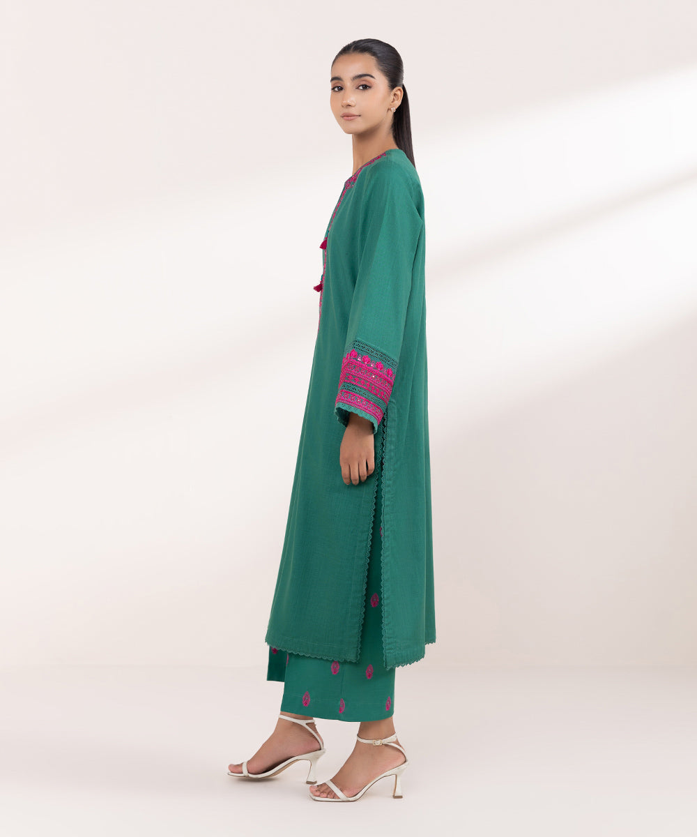 Women's Pret Khaddar Green Embroidered A-Line Shirt