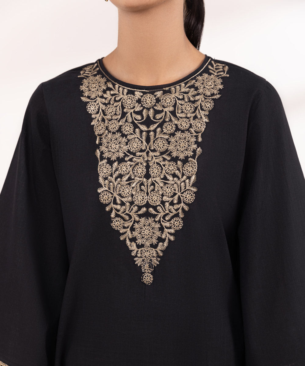 Women's Pret Khaddar Black Embroidered A-Line Shirt