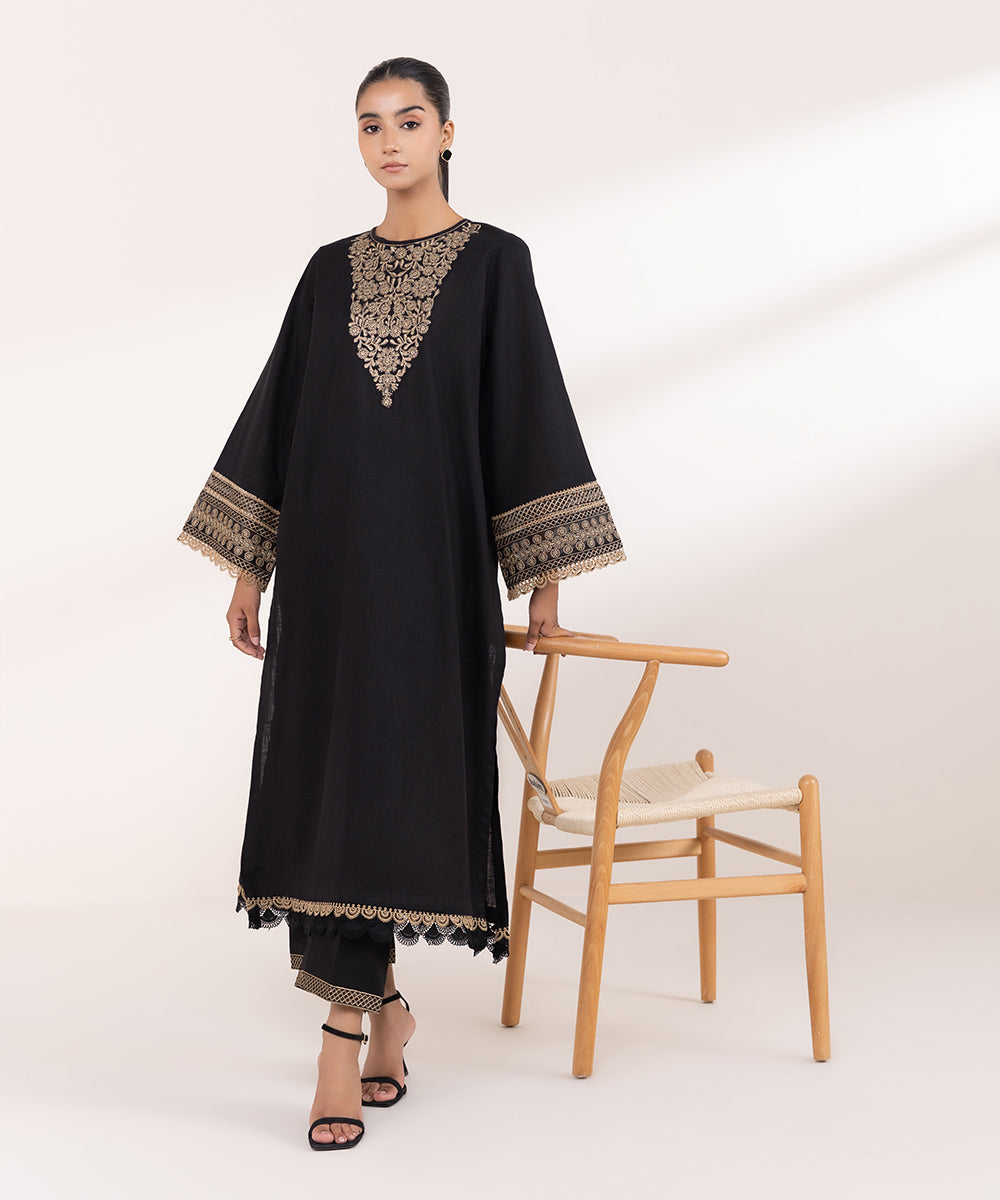 Women's Pret Khaddar Black Embroidered A-Line Shirt