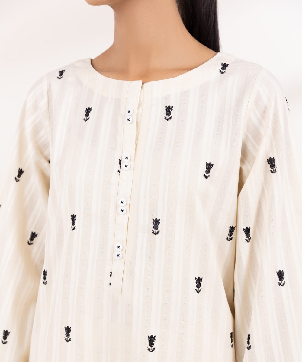 Women's Pret Dobby Off White Embroidered A-Line Shirt