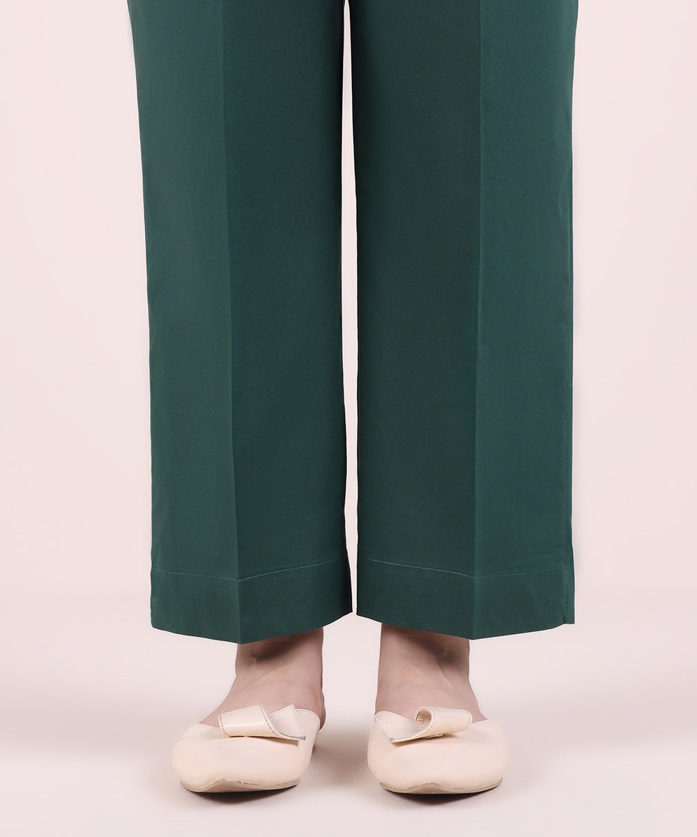 Women's Pret Cambric Solid Dark Green Straight Pants