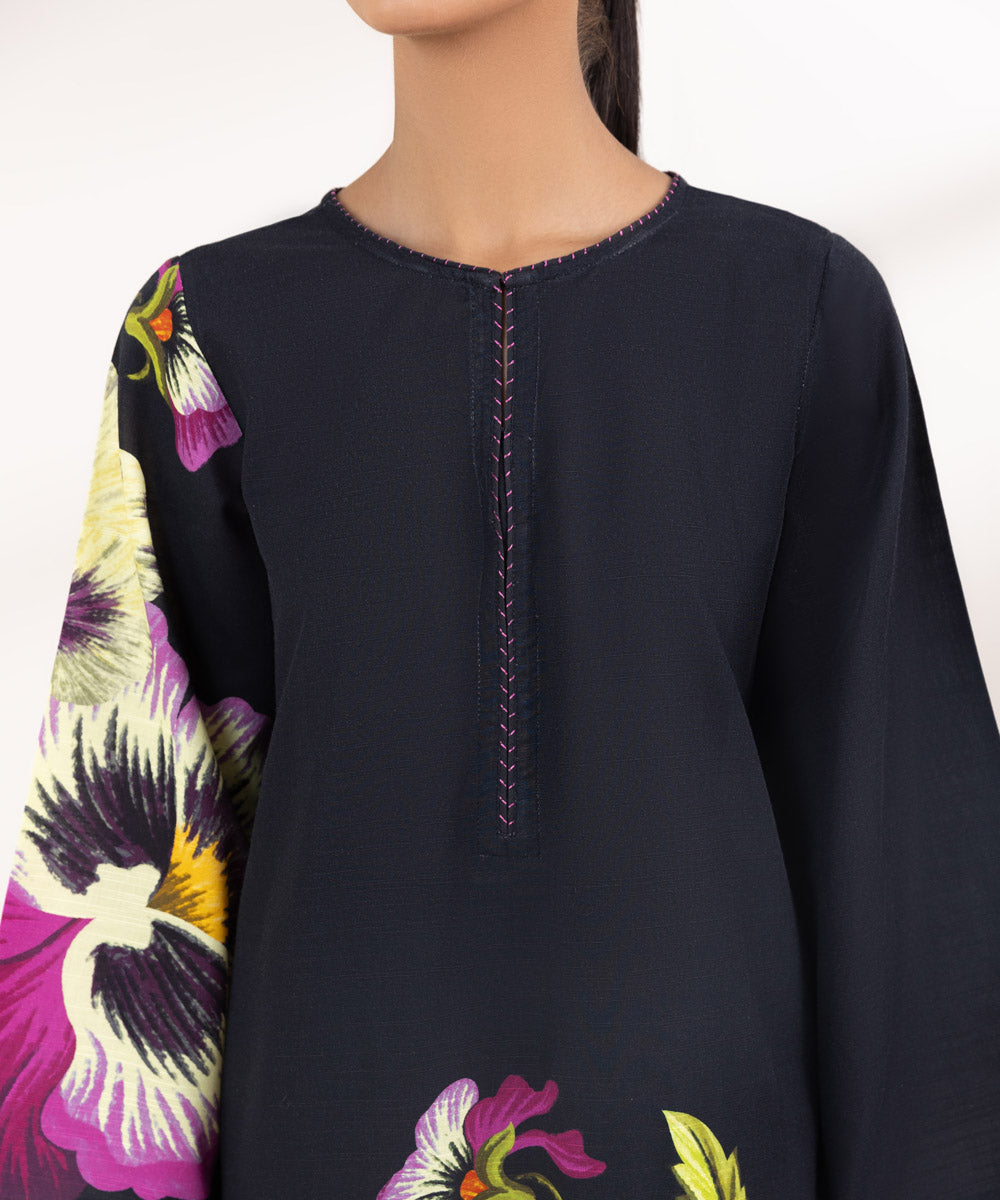 Women's Pret Light Khaddar Printed Black Straight Shirt