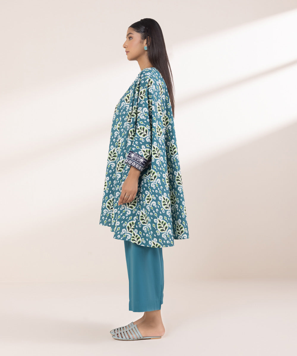 Women's Pret Cotton Viscose Printed Teal Kaftan