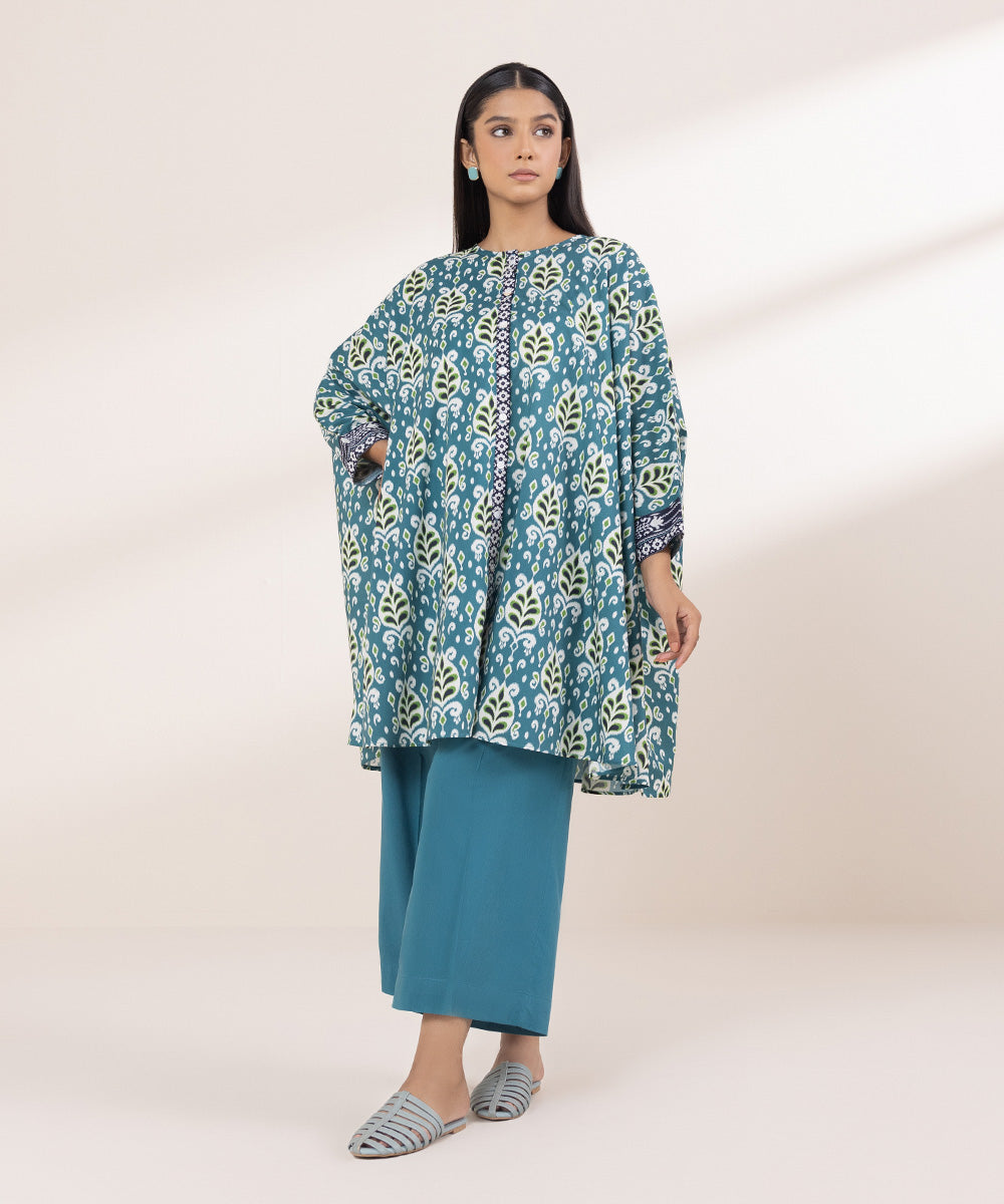 Women's Pret Cotton Viscose Printed Teal Kaftan