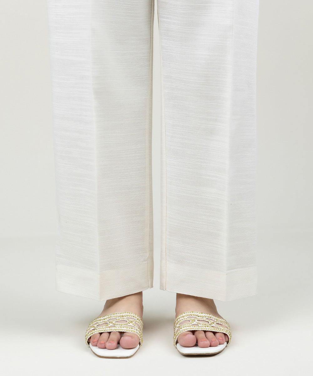 Women's Pret Cambric Solid Off White Straight Pants