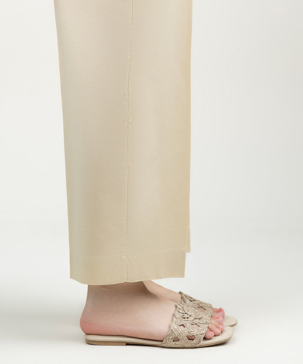 Women's Pret Cambric Solid Beige Straight Pants